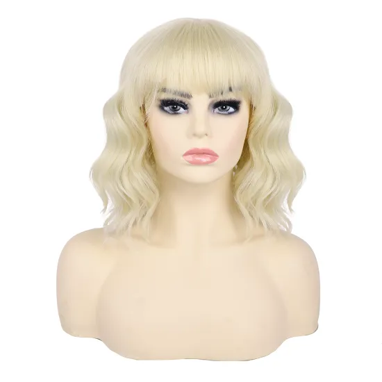 wholesale cheap bob blone color water wave wigs with bangs synthetic hair wig for women
