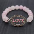 Pulsera de piedras preciosas elástica y cuentas redondas de cuarzo rosa de 8 mm con pieza de amor Diamante