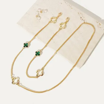 Vintage Gold Plated Four-Leaf Flower Crystal Eyewear Necklace Chain Accessory