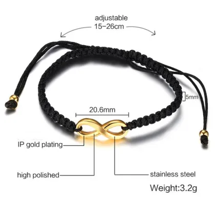 Affordable Custom Black Braided Rope Bracelet with Gold Plated Infinity Charm