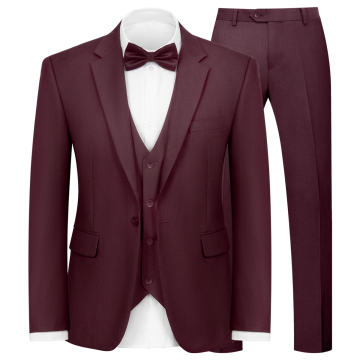 WYWK Men's 3-Piece Suit Prom Wedding Set-Dark Red-XXS
