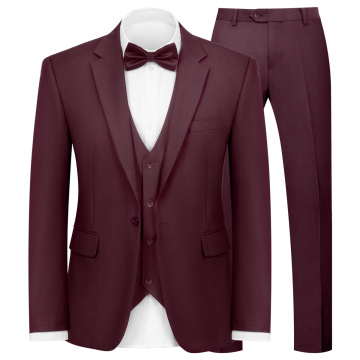 WYWK Men's 3-Piece Suit Prom Wedding Set-Dark Red-XXS