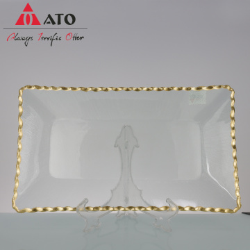 Plaque de forme rectangulaire transparente avec vaisselle en or