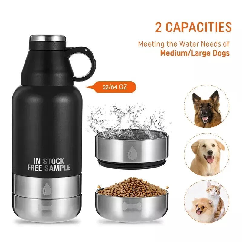 Custom Logo 3 in 1 Stainless Steel Pet Feeder Water Bottle