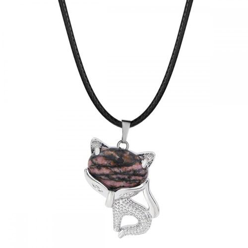 Rhodochrosite Luck Fox Necklace for Women Men Healing Energy Crystal Amulet Animal Pendant Gemstone Jewelry Gifts