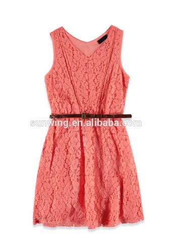 leater belt pink V neck Lace Dress for girls