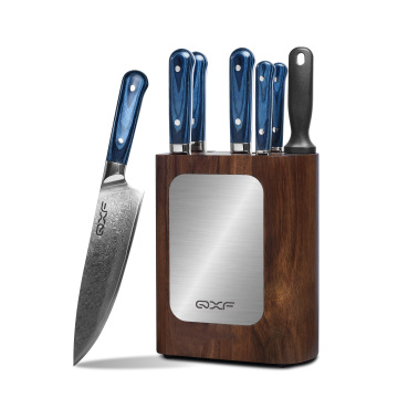 QXF 67 Layers Damascus Steel 7 Pcs Kitchen Knife Set with Pakkawood Handle and Wooden Stand