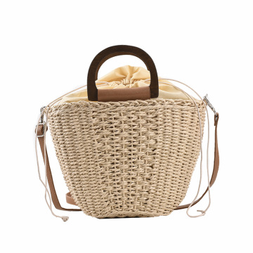 2021 wood round handgrip large volume straw bag