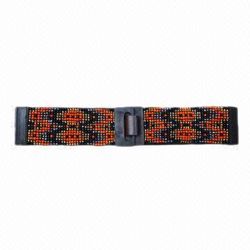 Beaded Belt with Wooden Buckle, Made of Elastic, Customized Designs are Accepted