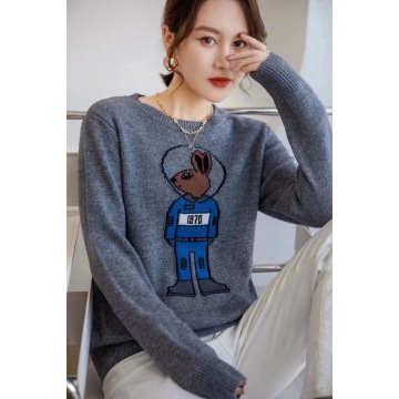 Space Rabbit Rundhals-Pullover aus Wolle mit Intarsien