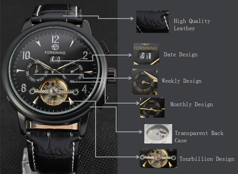 Leather band mens automatic mechanical date watch