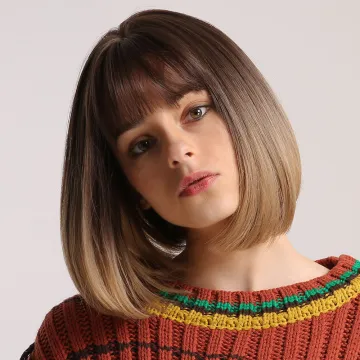 Anogol Cheap Ombre color black root Blonde Synthetic hair Bob Wigs With Bangs two tone 1B/#27 sik straight synthetic hair  wigs