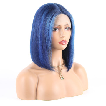 Color Hair Bob Wig Vendor, Piano Blue Lace Front Wig For Women, Highlight Human Hair Pre Plucked HD T Shape Lace Front Wig