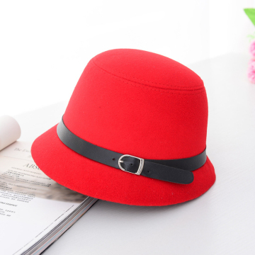 HT1225 Women Solid Wool Felt Cloche Hats Black Red Fedoras Vintage Western Bucket Hats for Women Female Bowler Hats with Belts