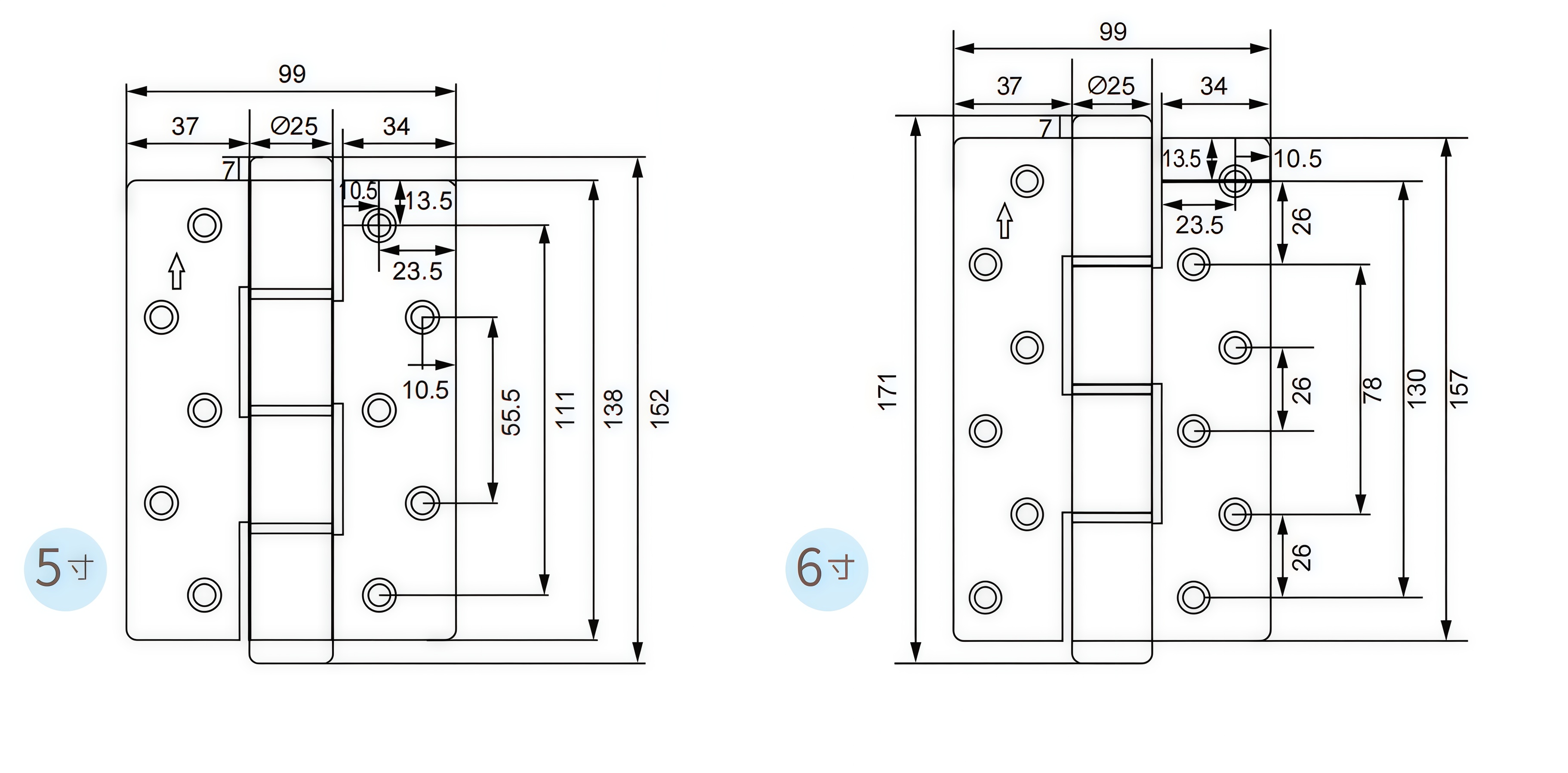 Stainless steel butt hinge hole layout and dimensions 5 inch 6 inch
