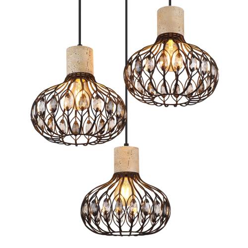 Vintage Black Metal Hanging Light with Crystals