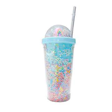 Portable Plastic Cup with Rainbow Bubble Straw for Summer Cold Drink Juice
