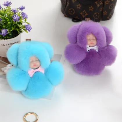 New sleeping baby keychain Real Fur Pom Pom Key Chain Women Trinket Car Key Ring Keychain Jewelry Gift fluffy keychain on bag