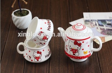 creative cartoon hello kitty 3-piece set ceramic kettle and mug, customized promotional lovely tea set