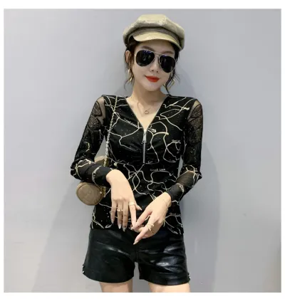 Mesh long-sleeved dressy top t-shirt