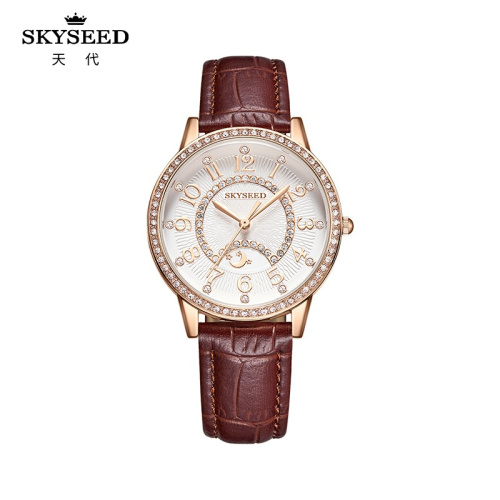 Relógio de temperamento simples SKYSEED de luxo leve com mostrador de diamante
