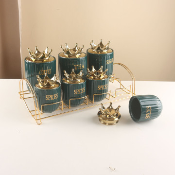 7 Piece Color Glazed Ceramic Kitchen Canister Set with Stainless Steel Rack and Silicone