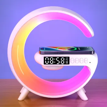 Cordless Mini G Shape Smart Desk Lamp with Wireless Charging, Speaker, and Alarm Clock