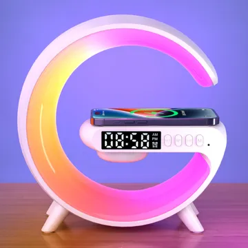Cordless Mini G Shape Smart Desk Lamp with Wireless Charging, Speaker, and Alarm Clock