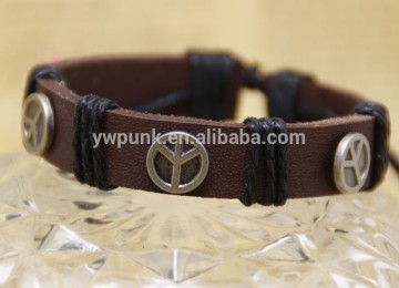Newest multi-strand men's leather adjustable bracelet peace charm