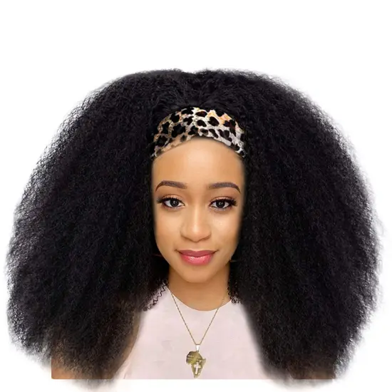 Hot Selling Black Kinky Straight Synthetic Headband  Wig for Black Women with Leopard Headband Easy to Wear Natural looking