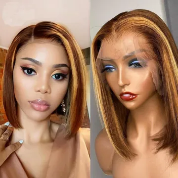 Ombre Piano Color Highlight 4/27 Blonde HD Lace Front Bob Wig Cuticle Aligned Virgin Human Hair Short Bob Transparent Lace Wig