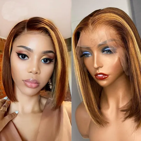 Ombre Piano Color Highlight 4/27 Blonde HD Lace Front Bob Wig Cuticle Aligned Virgin Human Hair Short Bob Transparent Lace Wig