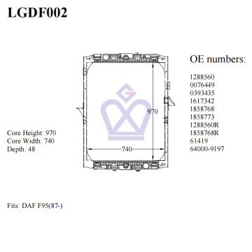 DAF truck radiator, 1288560, 0393435, 1858768, 61419, LGDF002