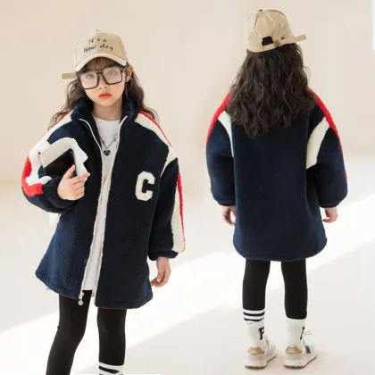 Girls' wool coat thickened leisure coat in autumn and winter