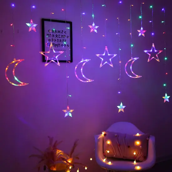 Solar-Powered LED String Lights with Moon and Star Motifs