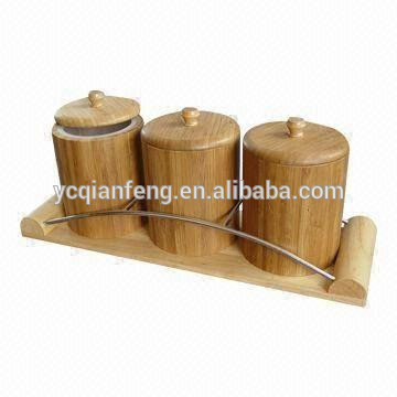 3-Pieces Bamboo canister set with Metal and wood holder.