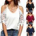 Cold Shoulder Lace Trim V Neck Half Sleeve