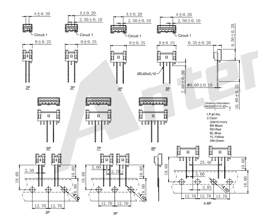 2,50mm sân 180 ° trên đầu nối băng radial