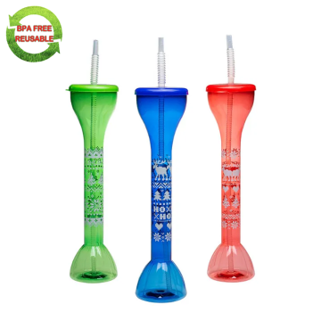 16oz/20oz/26oz Plastic Long Neck Party Cups with Straw - Souvenir Daiquiri Drink Cups Yard Cups