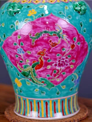 Hand-Painted Phoenix and Lion Head Ceramic Vase