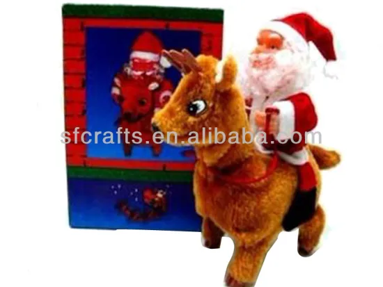 6 inch plush musical Santa clause riding on a walking reindeer with light