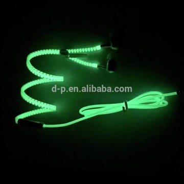 CE&ROHS custom logo printed glowing zipper earphone with mic