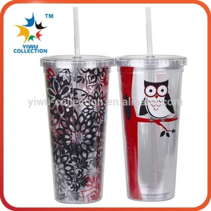 Manufature double wall plastic straw cup/color changing double wall plastic straw cup