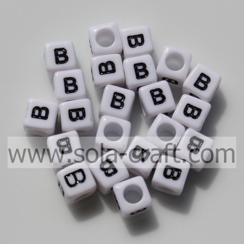 Acrylic Square White Face and Black Letter Big Diameter Hole Beads