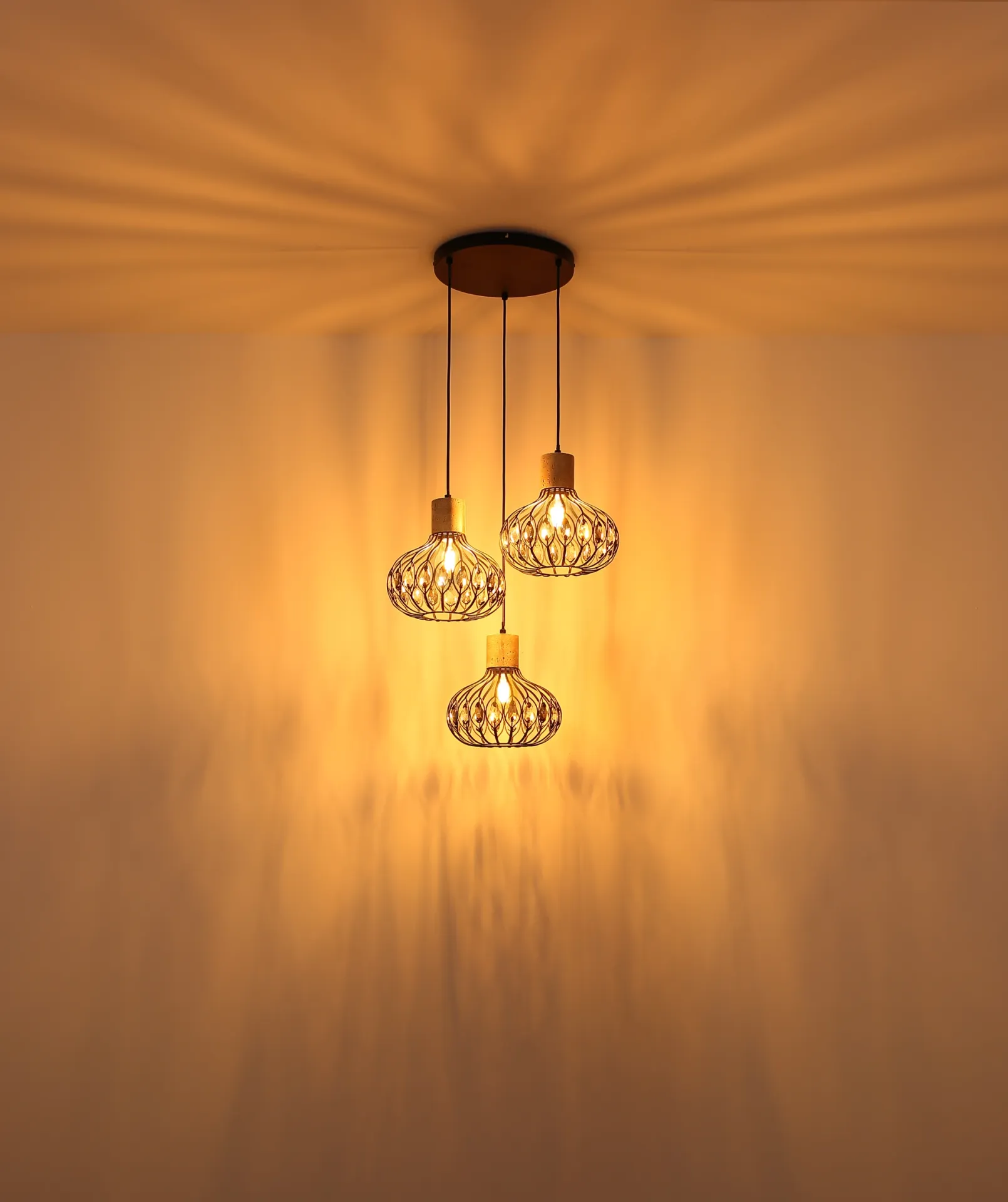 Vintage Black Metal Hanging Light with Crystals (3)