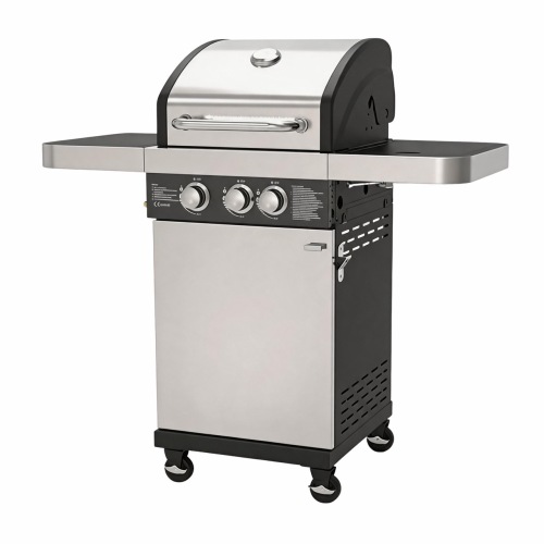 Parrilla de barbacoa de gas propano líquido estándar de 3 quemadores con gabinete de una sola puerta de acero inoxidable y estantes laterales