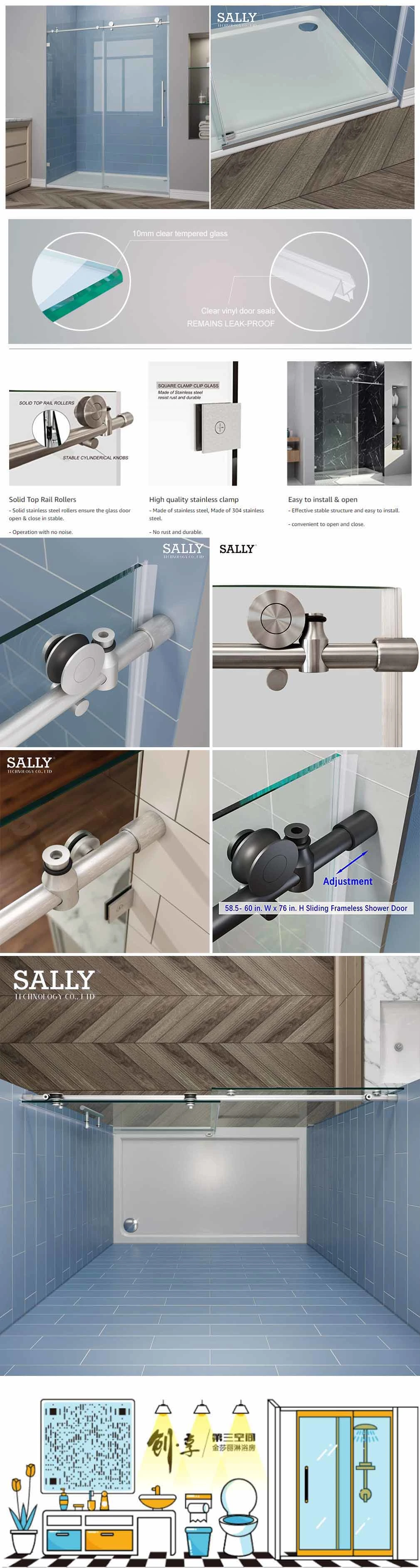 Sally Bathroom Alcove Enclosure Stainless Steel Rectangular Frameless Single Sliding Glass Shower Door