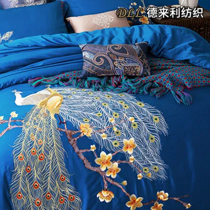 Cobalt Blue Peacock Embroidery 4 Piece Bedding Set