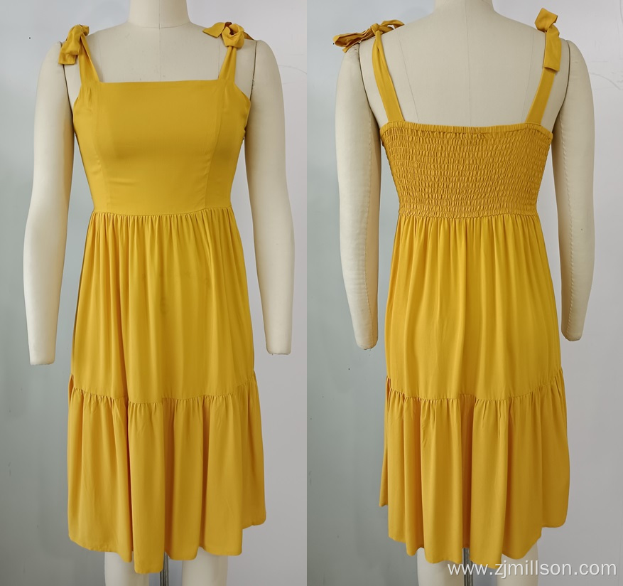 Woven Yellow Smocking Shoulder Straps Dress