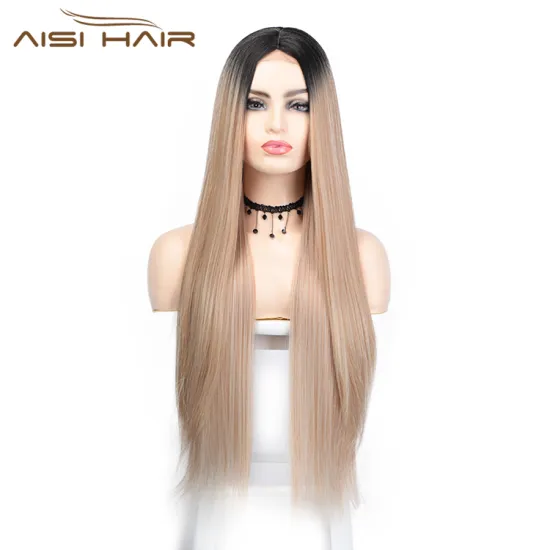 Aisi Hair Ombre Blonde Dark Root Wig Long Silky Straight Lace Frontal Wig Middle Part Synthetic Front Lace Hair Wigs For Women